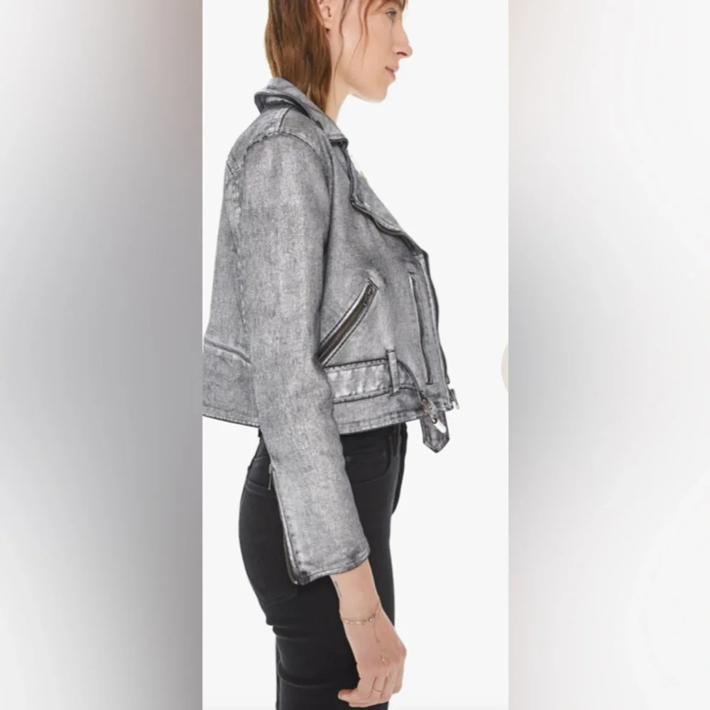 Mother Denim Friday Night Freestyle Metallic Silver Coated Moto Jacket XS - Picture 4 of 12